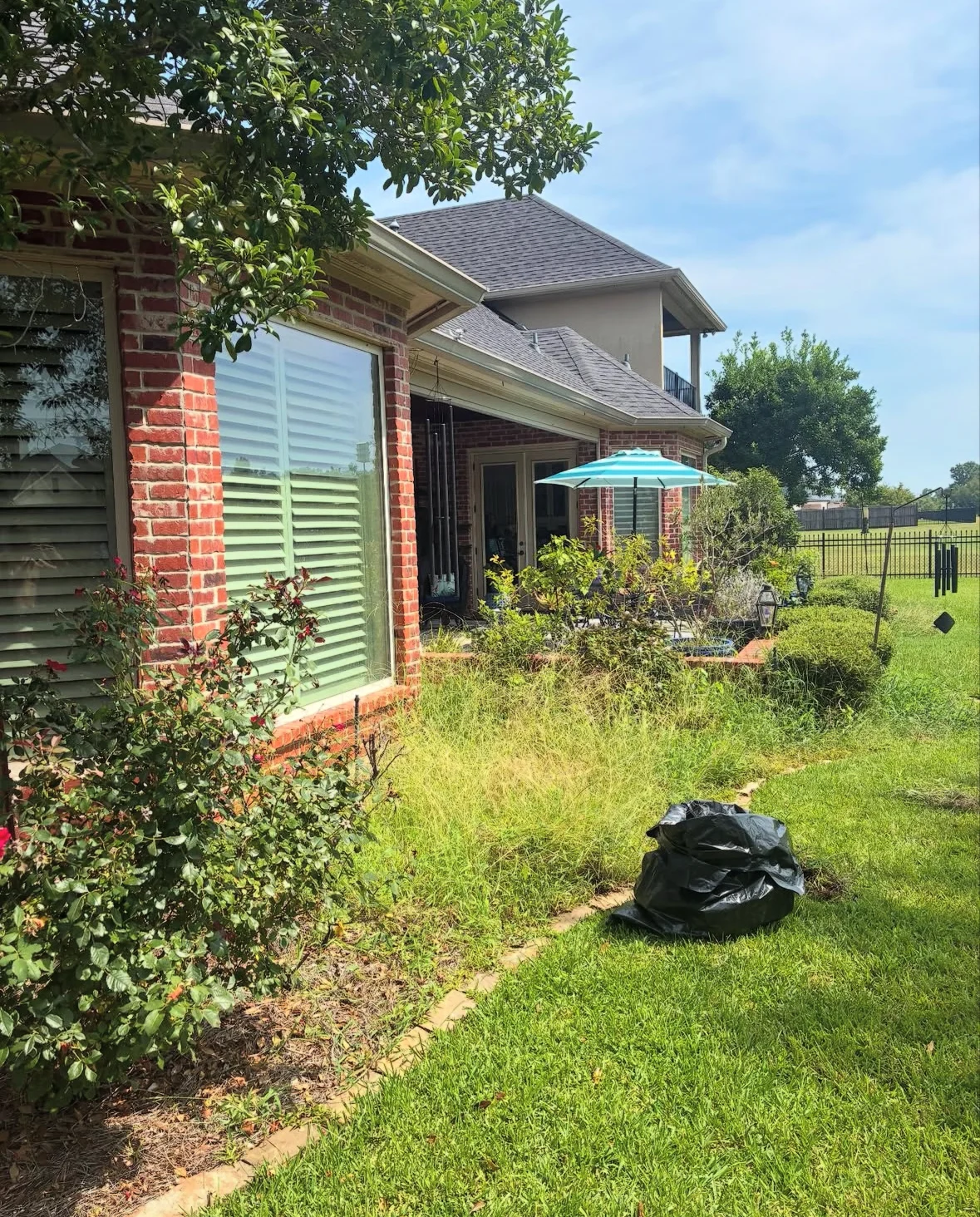 Side yard overgrowth cleared and pine straw installed before