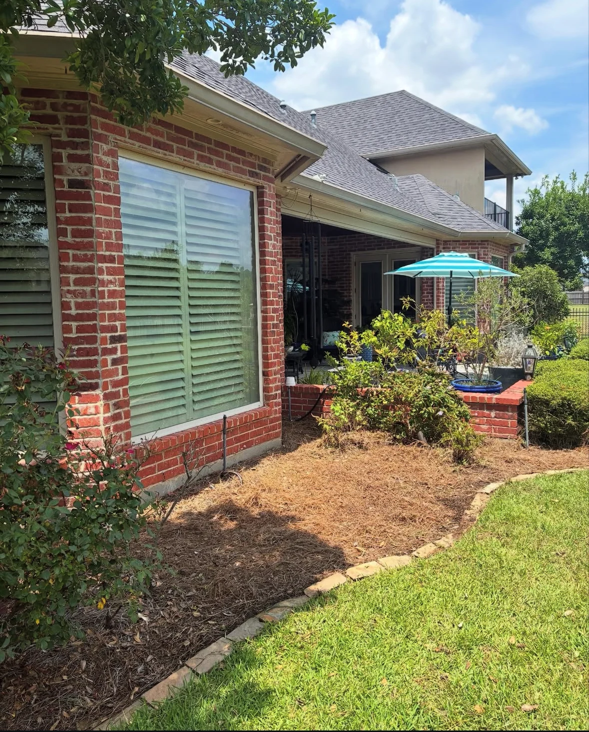 Side yard overgrowth cleared and pine straw installed after
